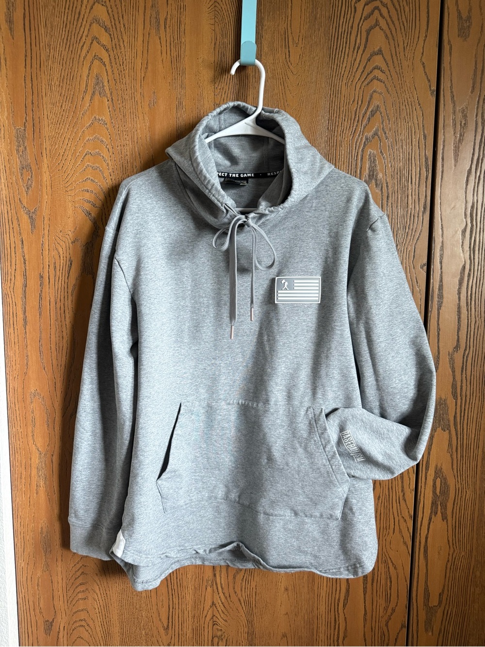 Men's Gray Pullover Hoodie with Subtle Flag Patch Baseballism